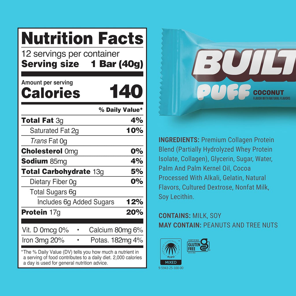 Built Bar, Puff Protein Bars, 17g Protein Snacks,  Only 140 Calories, 6g Sugar, Collagen, Gluten Free, 12 Count