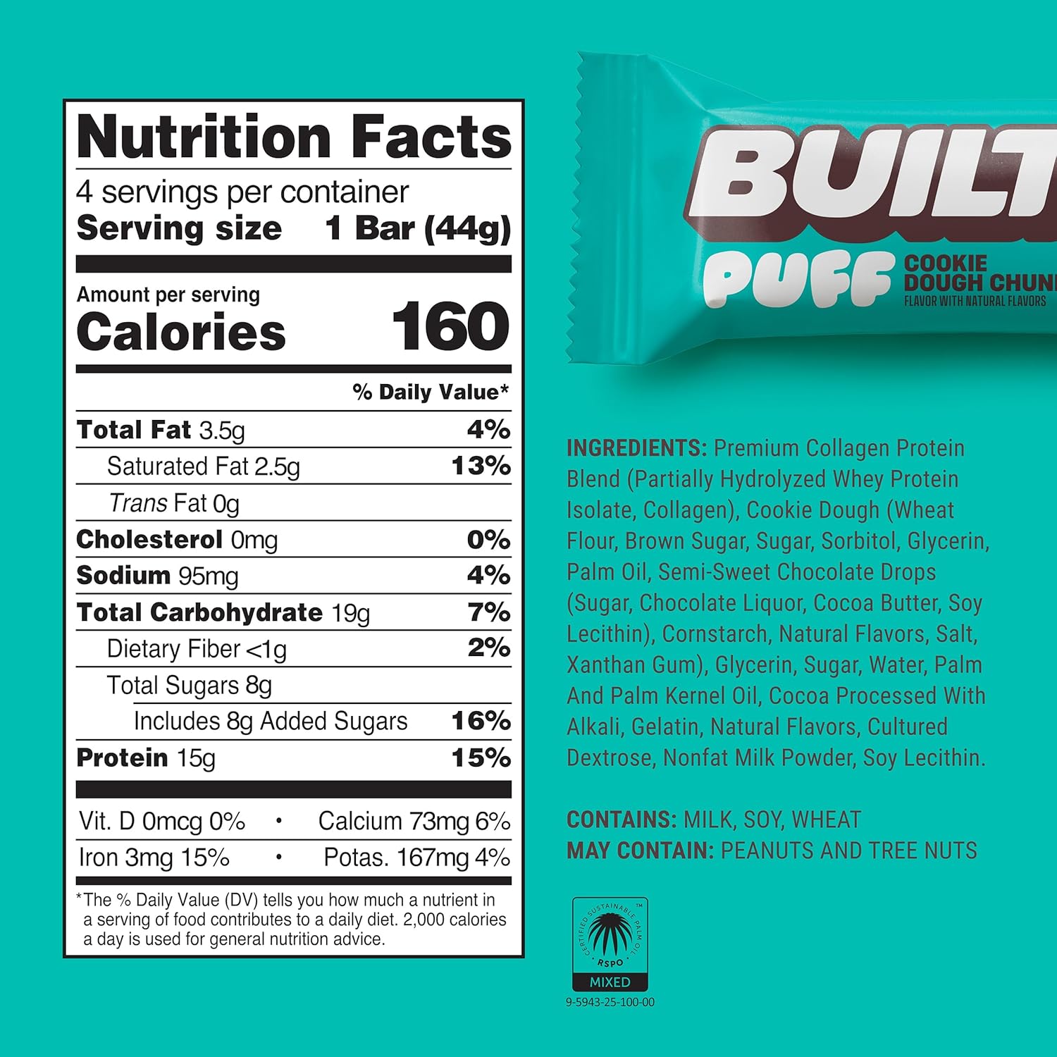 Built Bar Puff Protein Bars – 15g Protein, 160 Calories, 8g Sugar, 12 Count