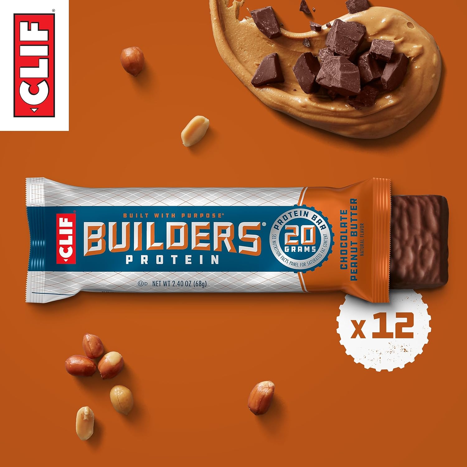 CLIF BUILDERS Protein Bar - Chocolate Peanut Butter - 20g Plant Protein - 2.4 oz (12 Bars)
